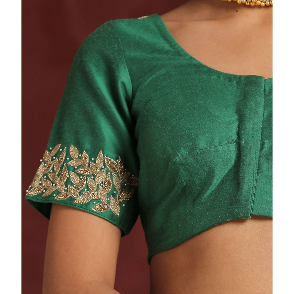 WeaverStory Green Pure Silk Hand Embroidered Zardozi Blouse