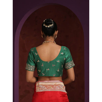 WeaverStory Green Pure Silk Hand Embroidered Zardozi Blouse