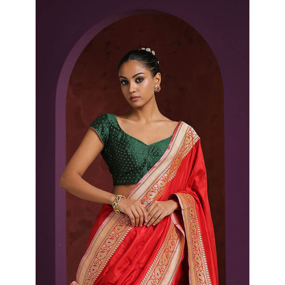 WeaverStory Green Pure Silk Blouse with Pitta Embroidery