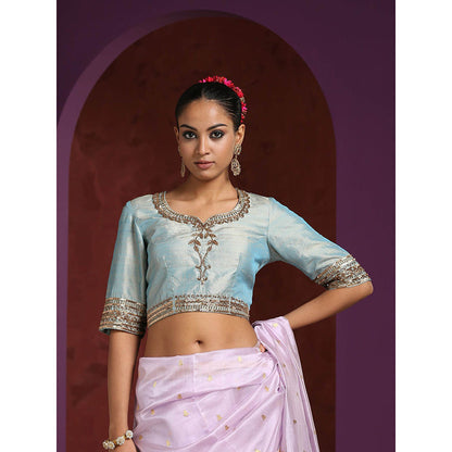 WeaverStory Light Aqua Raw Silk Blouse Hand Embroidered Zardozi Blouse