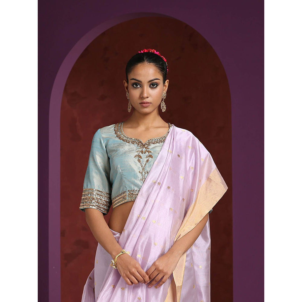 WeaverStory Light Aqua Raw Silk Blouse Hand Embroidered Zardozi Blouse