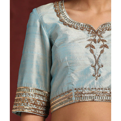 WeaverStory Light Aqua Raw Silk Blouse Hand Embroidered Zardozi Blouse