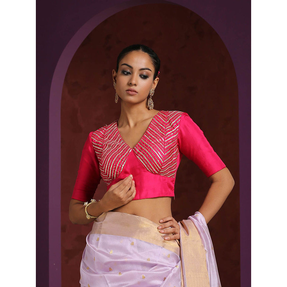 WeaverStory Hot Pink Pure Silk Blouse with Gota Patti and Zardozi Work
