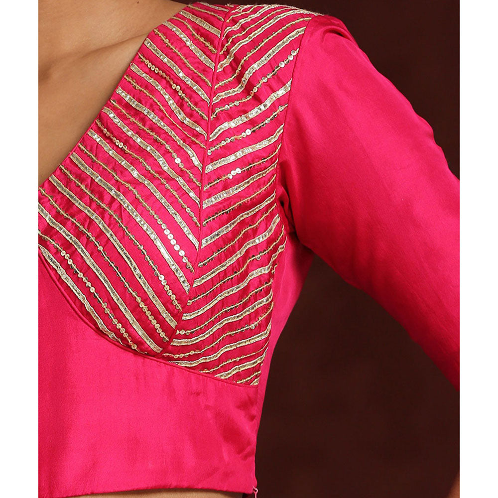 WeaverStory Hot Pink Pure Silk Blouse with Gota Patti and Zardozi Work