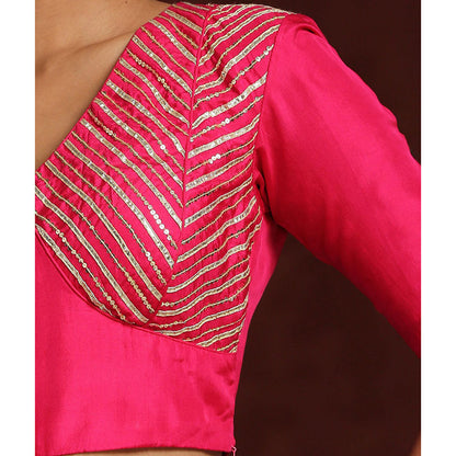 WeaverStory Hot Pink Pure Silk Blouse with Gota Patti and Zardozi Work