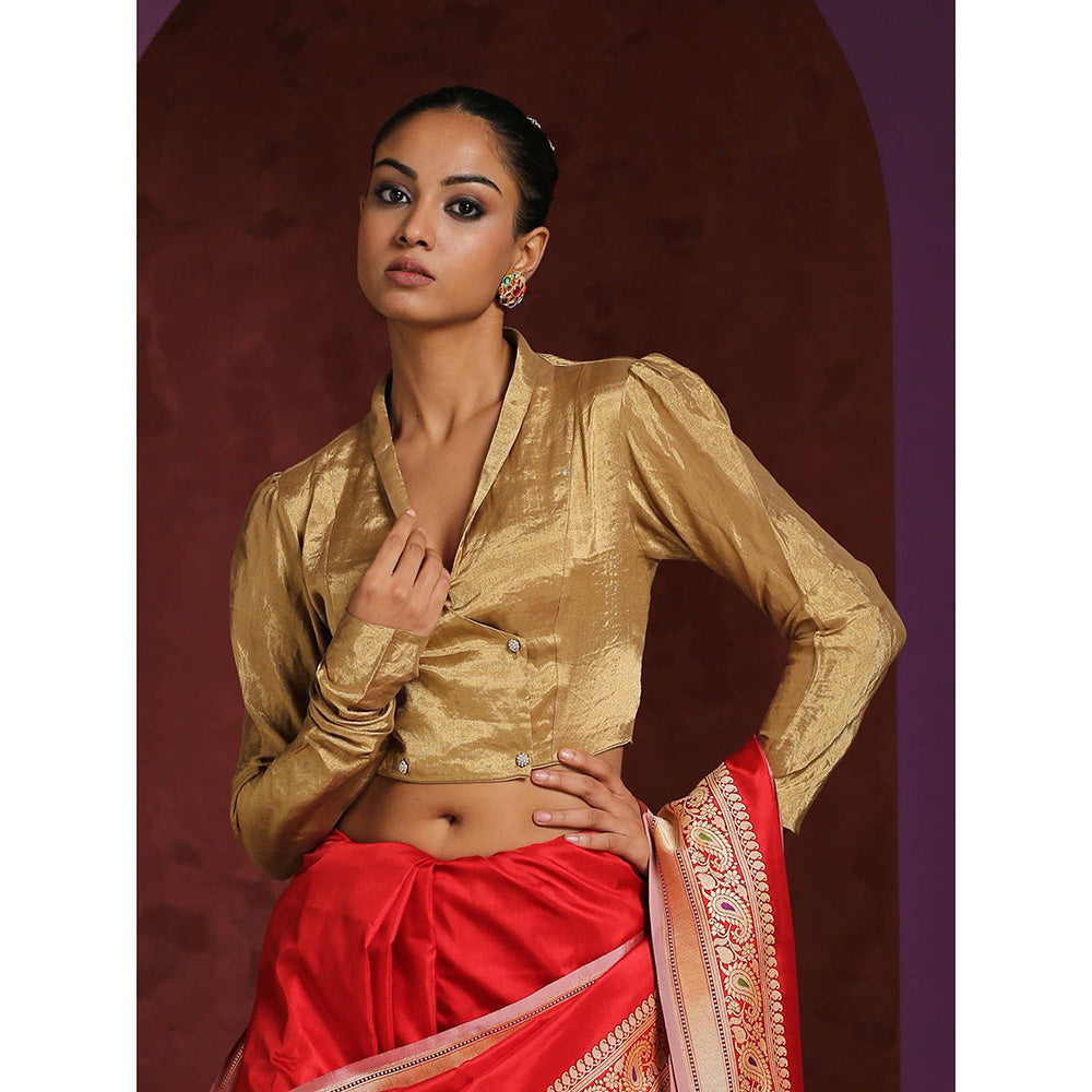 WeaverStory Handcrafted Asymmetrical Collared V- Neck Gold Tissue Blouse