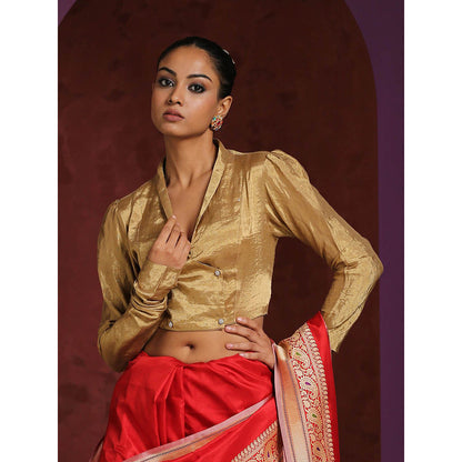 WeaverStory Handcrafted Asymmetrical Collared V- Neck Gold Tissue Blouse