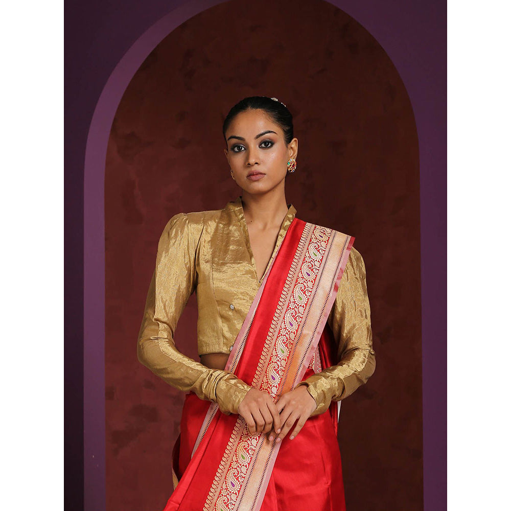 WeaverStory Handcrafted Asymmetrical Collared V- Neck Gold Tissue Blouse