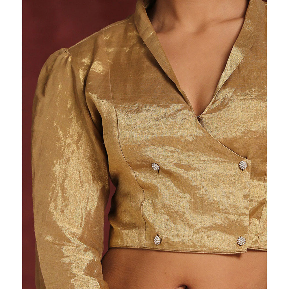 WeaverStory Handcrafted Asymmetrical Collared V- Neck Gold Tissue Blouse