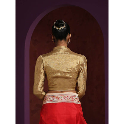 WeaverStory Handcrafted Asymmetrical Collared V- Neck Gold Tissue Blouse