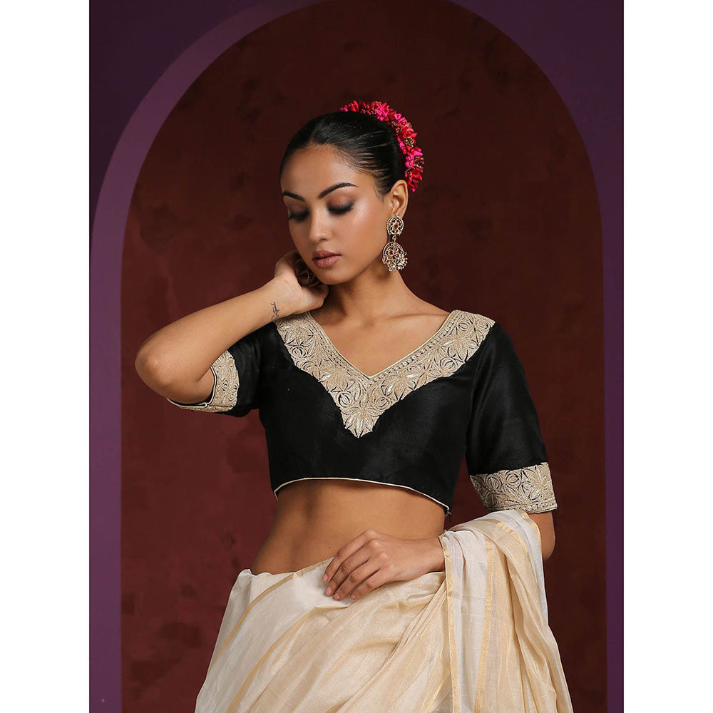 WeaverStory Black Handcrafted Raw Silk Blouse with Hand Embroidered Tilla Work