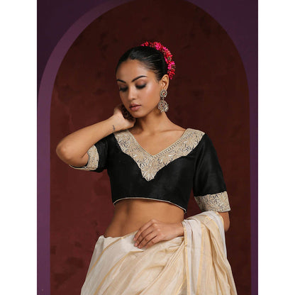 WeaverStory Black Handcrafted Raw Silk Blouse with Hand Embroidered Tilla Work