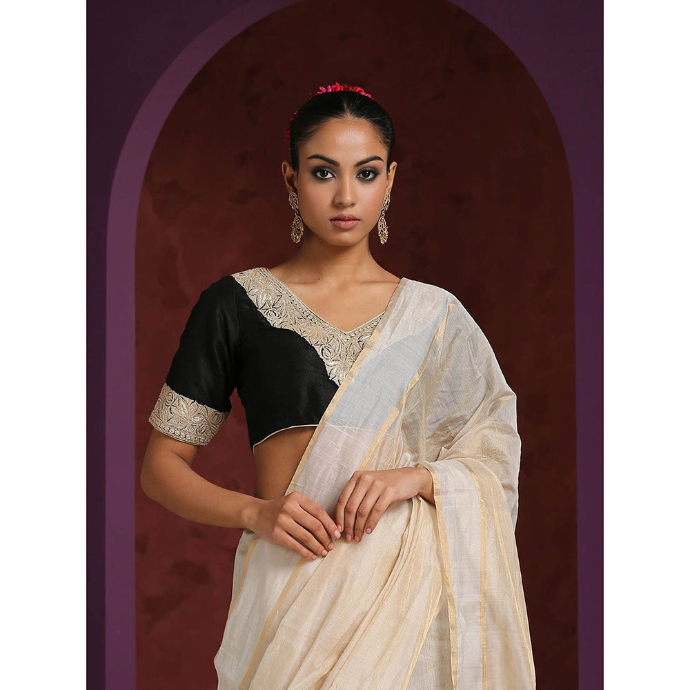 WeaverStory Black Handcrafted Raw Silk Blouse with Hand Embroidered Tilla Work