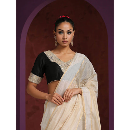 WeaverStory Black Handcrafted Raw Silk Blouse with Hand Embroidered Tilla Work