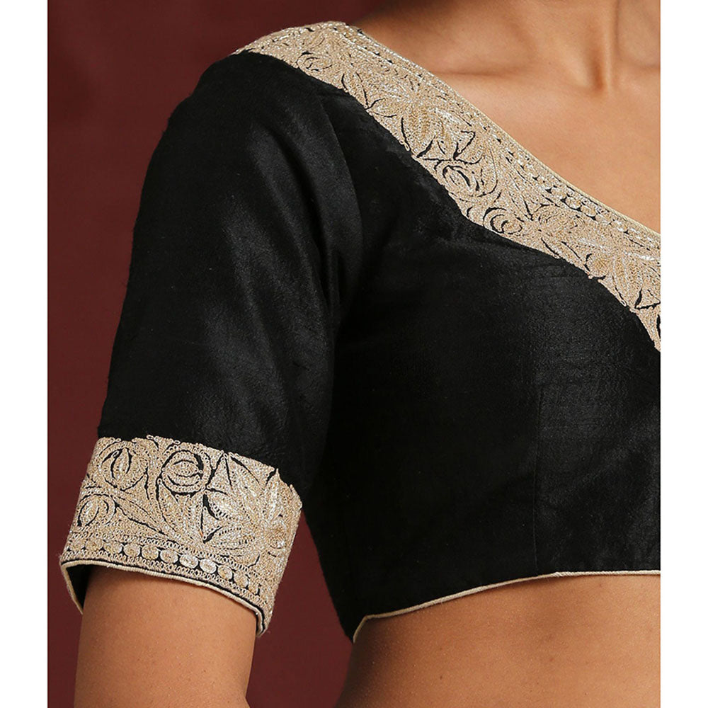 WeaverStory Black Handcrafted Raw Silk Blouse with Hand Embroidered Tilla Work