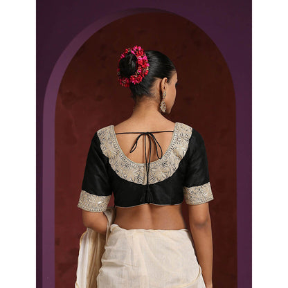 WeaverStory Black Handcrafted Raw Silk Blouse with Hand Embroidered Tilla Work