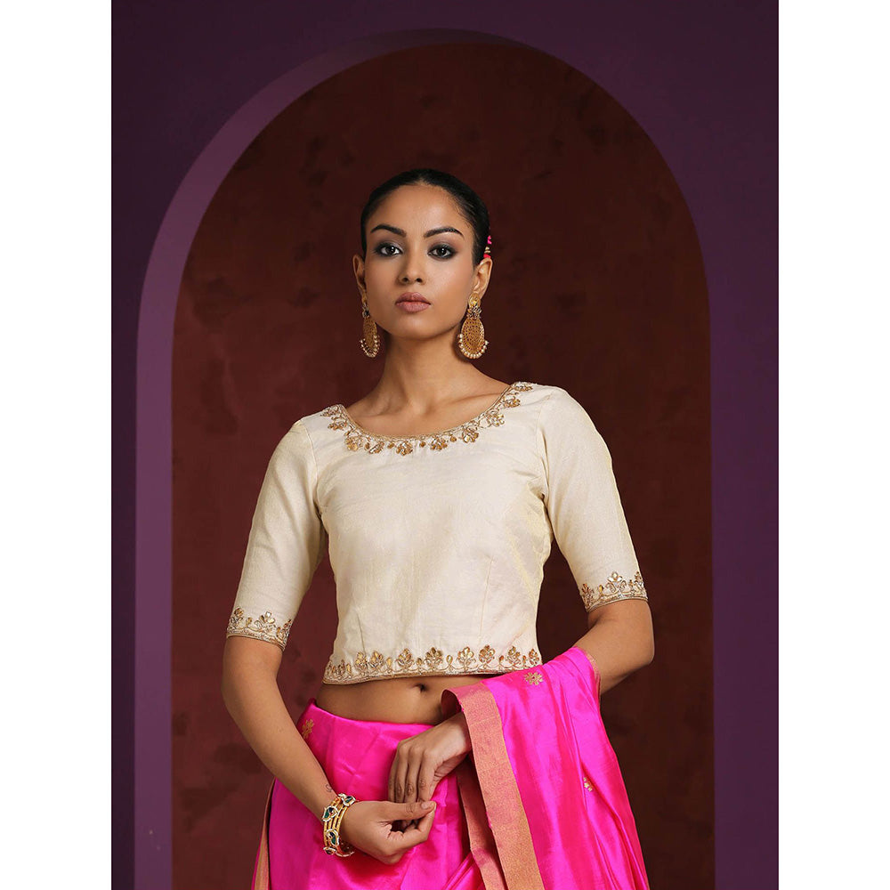 WeaverStory Handcrafted White Chanderi Blouse with Gota Patti and Zardozi Work