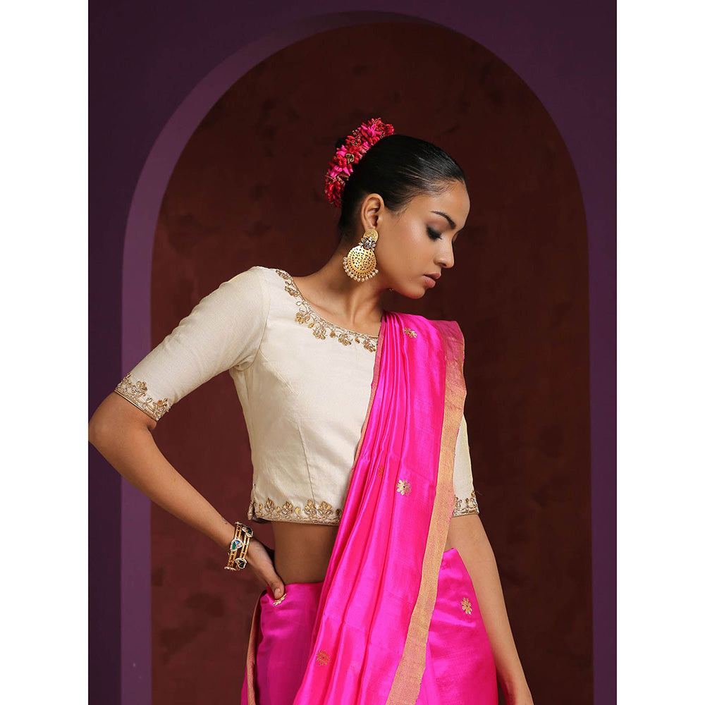 WeaverStory Handcrafted White Chanderi Blouse with Gota Patti and Zardozi Work