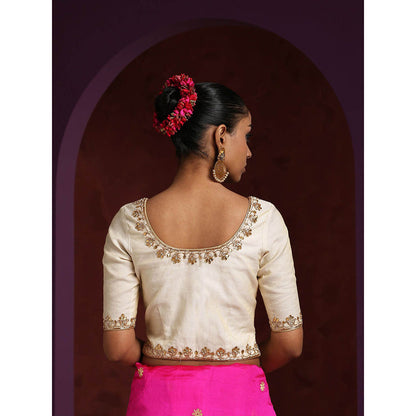 WeaverStory Handcrafted White Chanderi Blouse with Gota Patti and Zardozi Work
