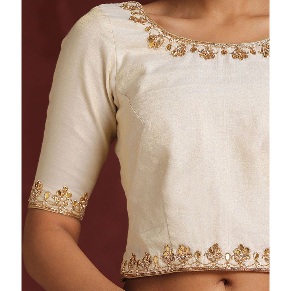WeaverStory Handcrafted White Chanderi Blouse with Gota Patti and Zardozi Work