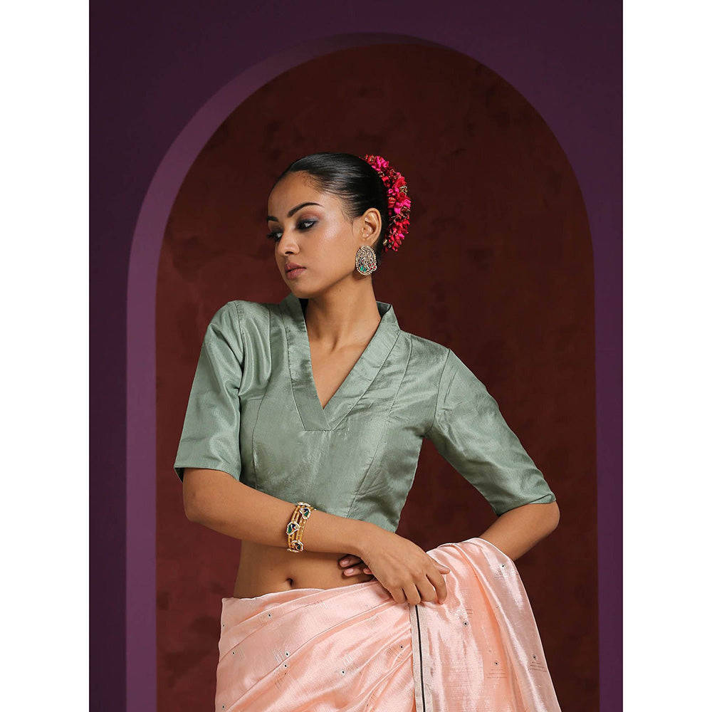 WeaverStory Pista Green Pure Silk V- Collared Neck Blouse