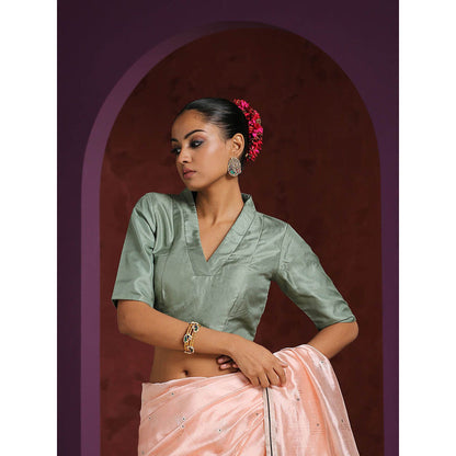 WeaverStory Pista Green Pure Silk V- Collared Neck Blouse