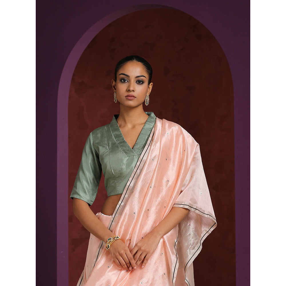 WeaverStory Pista Green Pure Silk V- Collared Neck Blouse