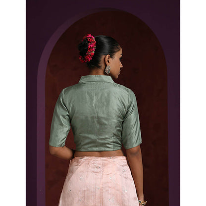 WeaverStory Pista Green Pure Silk V- Collared Neck Blouse