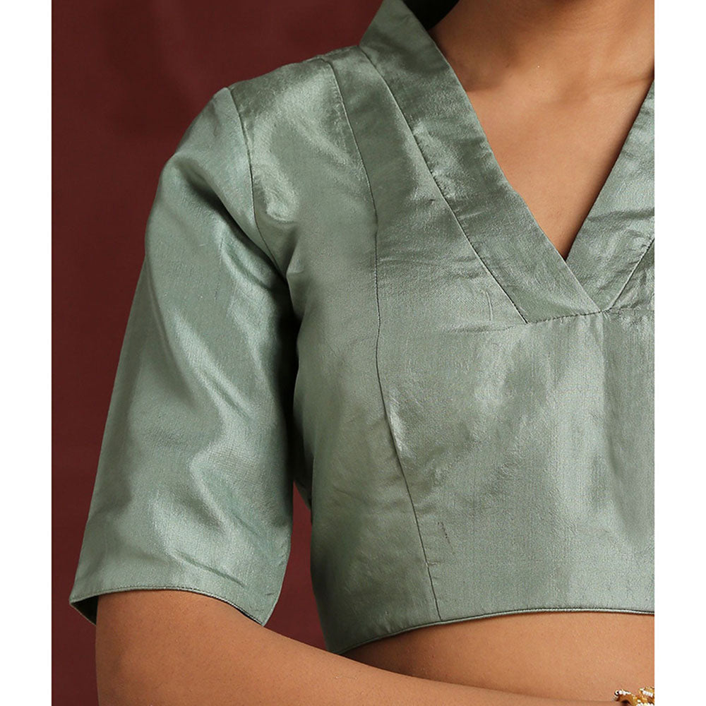 WeaverStory Pista Green Pure Silk V- Collared Neck Blouse