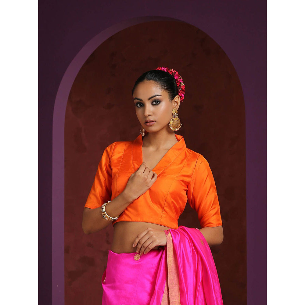 WeaverStory Handcrafted Orange Pure Silk Blouse with Collared V-Neckline
