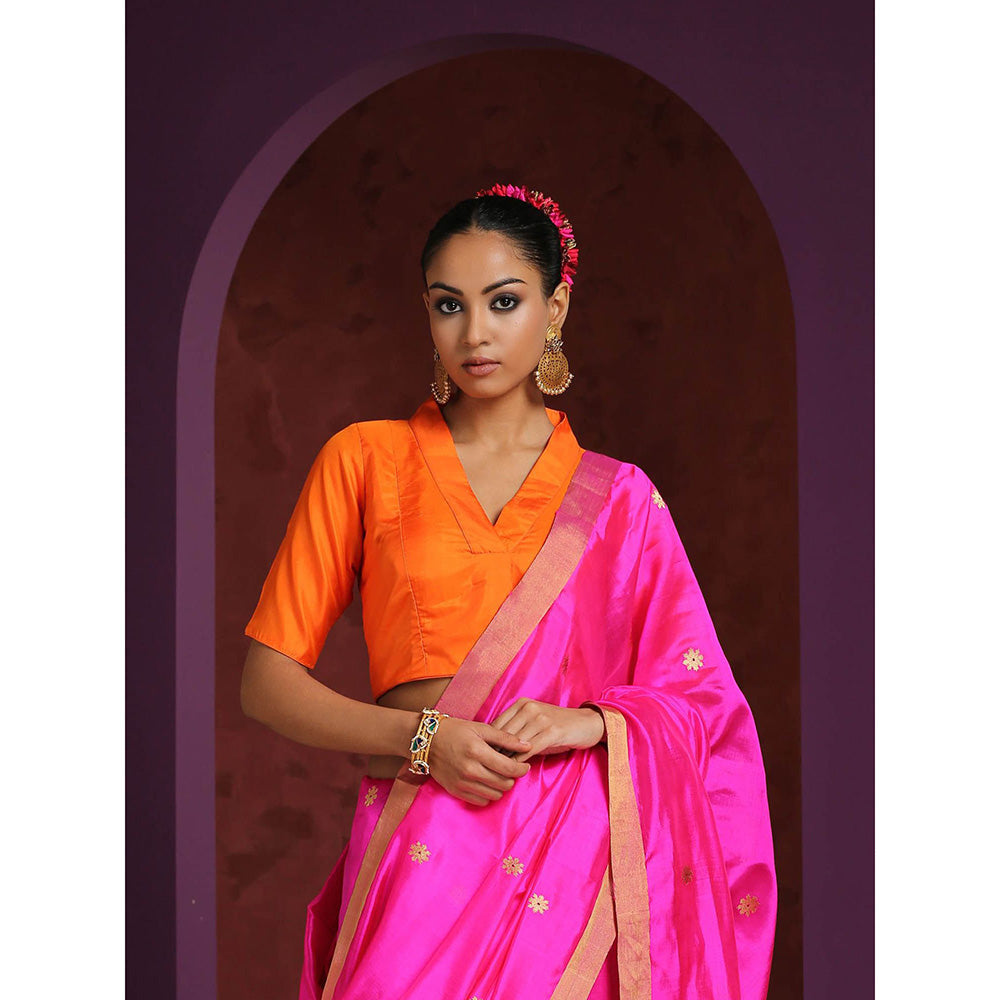 WeaverStory Handcrafted Orange Pure Silk Blouse with Collared V-Neckline