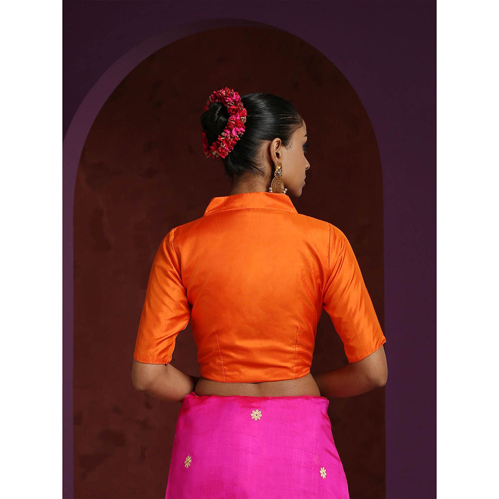 WeaverStory Handcrafted Orange Pure Silk Blouse with Collared V-Neckline