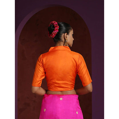WeaverStory Handcrafted Orange Pure Silk Blouse with Collared V-Neckline