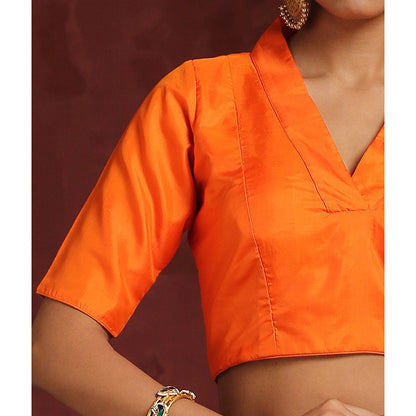 WeaverStory Handcrafted Orange Pure Silk Blouse with Collared V-Neckline