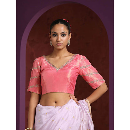 WeaverStory Handcrafted Pink Tissue Blouse with Hand Embroidered Zardozi