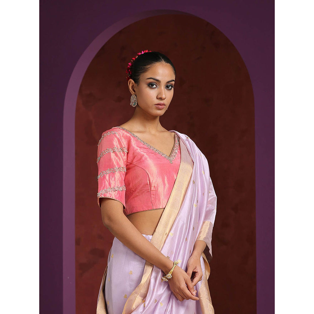 WeaverStory Handcrafted Pink Tissue Blouse with Hand Embroidered Zardozi