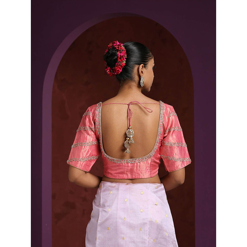 WeaverStory Handcrafted Pink Tissue Blouse with Hand Embroidered Zardozi