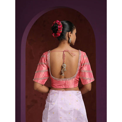 WeaverStory Handcrafted Pink Tissue Blouse with Hand Embroidered Zardozi