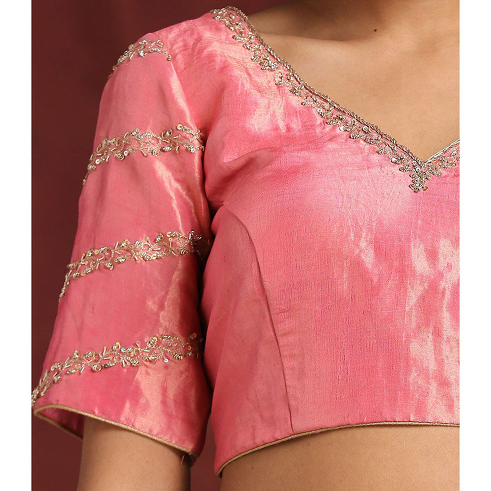 WeaverStory Handcrafted Pink Tissue Blouse with Hand Embroidered Zardozi