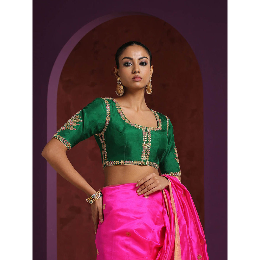 WeaverStory Handcrafted Green Pure Silk Blouse with Gota Patti and Zardozi Work