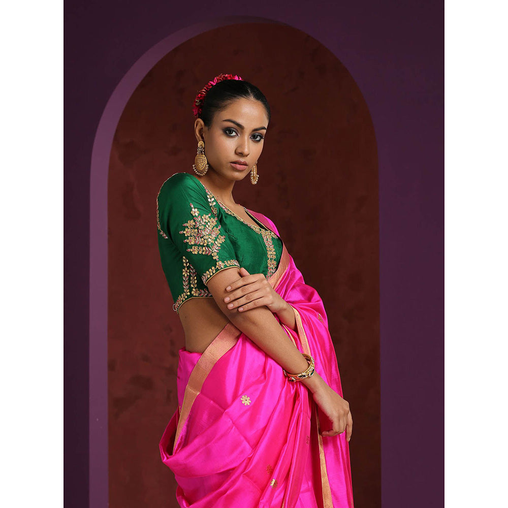 WeaverStory Handcrafted Green Pure Silk Blouse with Gota Patti and Zardozi Work