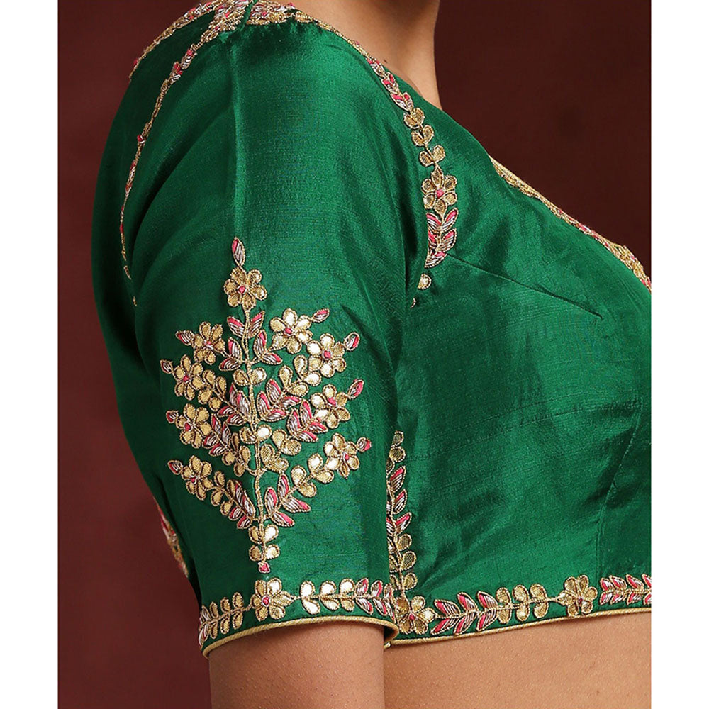 WeaverStory Handcrafted Green Pure Silk Blouse with Gota Patti and Zardozi Work