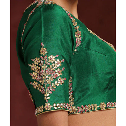WeaverStory Handcrafted Green Pure Silk Blouse with Gota Patti and Zardozi Work