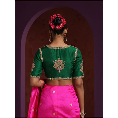 WeaverStory Handcrafted Green Pure Silk Blouse with Gota Patti and Zardozi Work