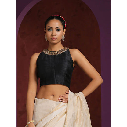 WeaverStory Handcrafted Black Raw Silk Zardozi Blouse