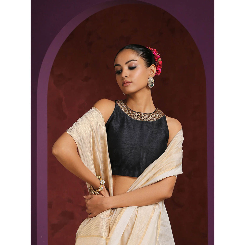 WeaverStory Handcrafted Black Raw Silk Zardozi Blouse