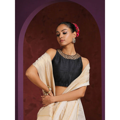 WeaverStory Handcrafted Black Raw Silk Zardozi Blouse