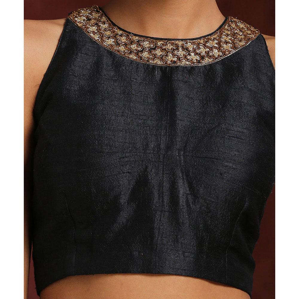WeaverStory Handcrafted Black Raw Silk Zardozi Blouse
