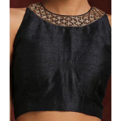 WeaverStory Handcrafted Black Raw Silk Zardozi Blouse
