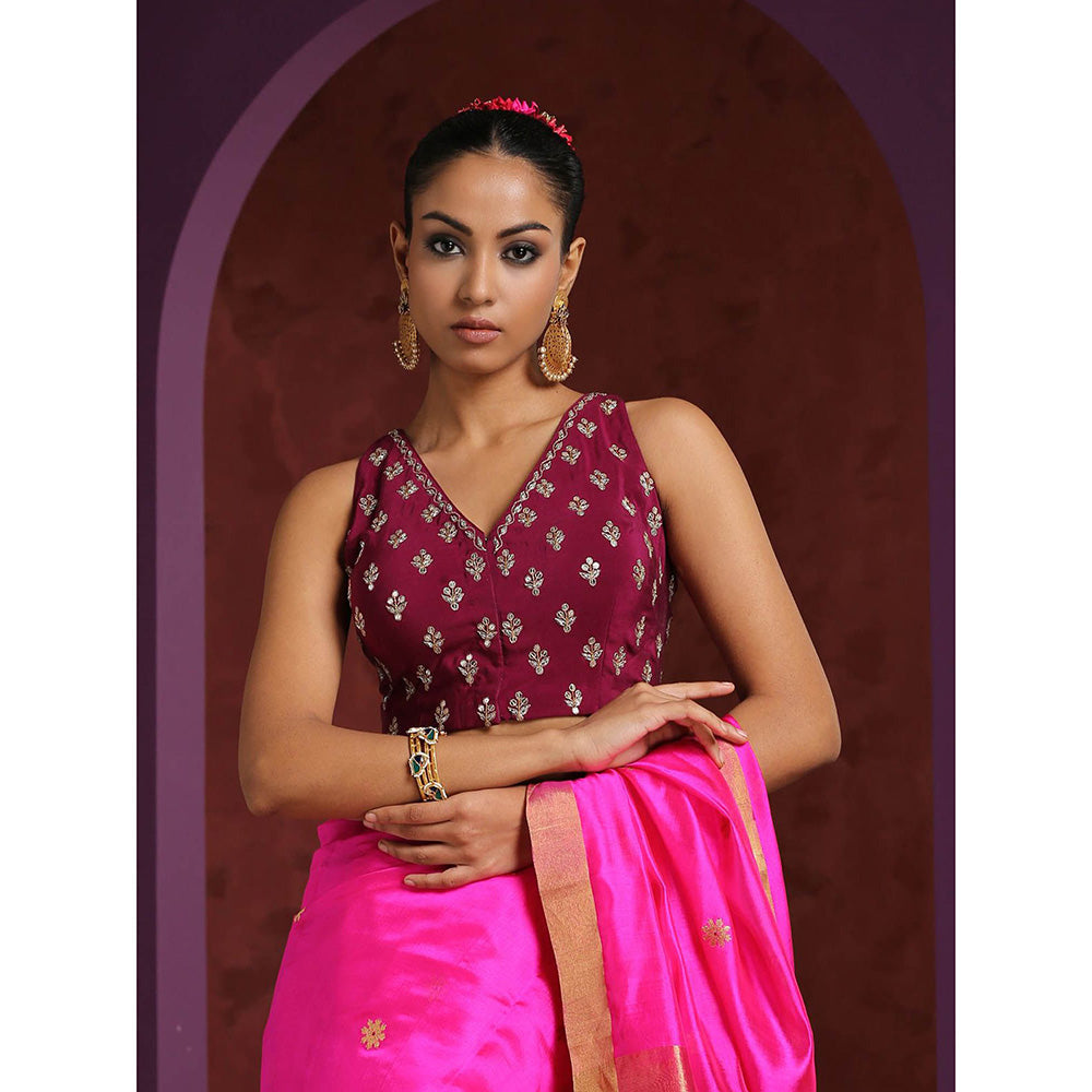 WeaverStory Handcrafted Wine Crepe Zardozi Blouse with Booti